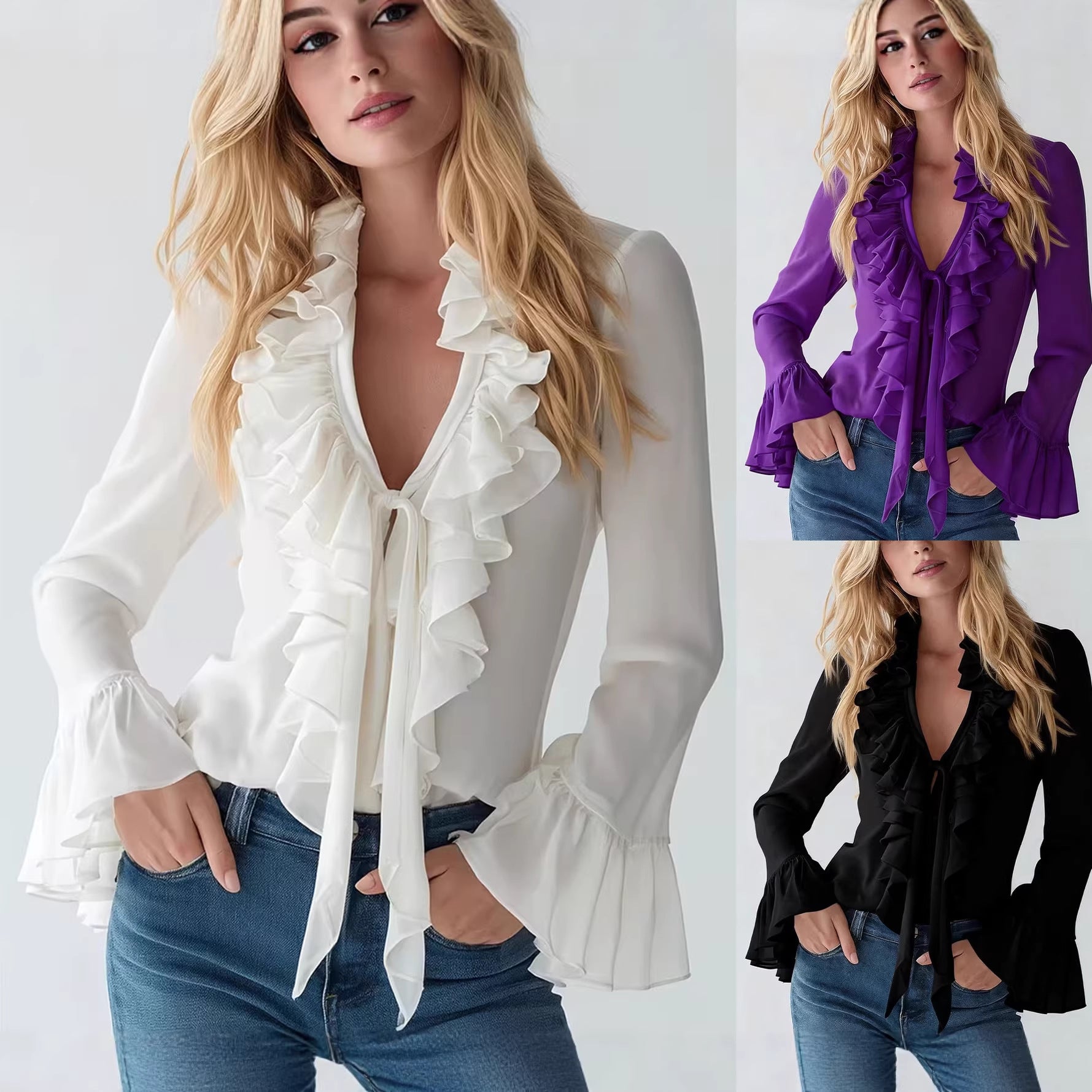 Spring French Elegant Ruffled Solid Color Puff Sleeve Blouse
