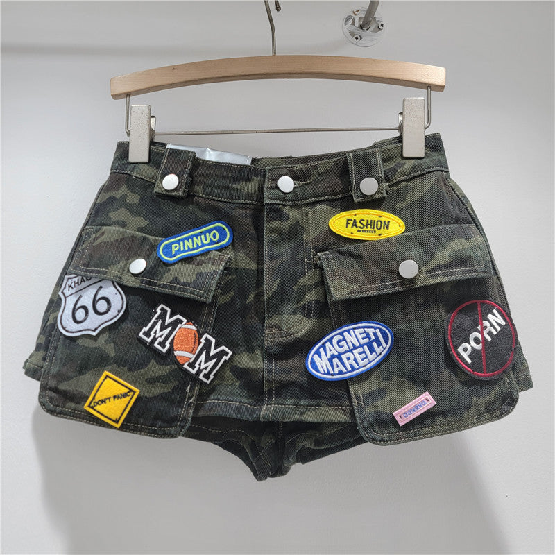 Leopard Print A- Line Large Pocket Denim High Waist Skirt