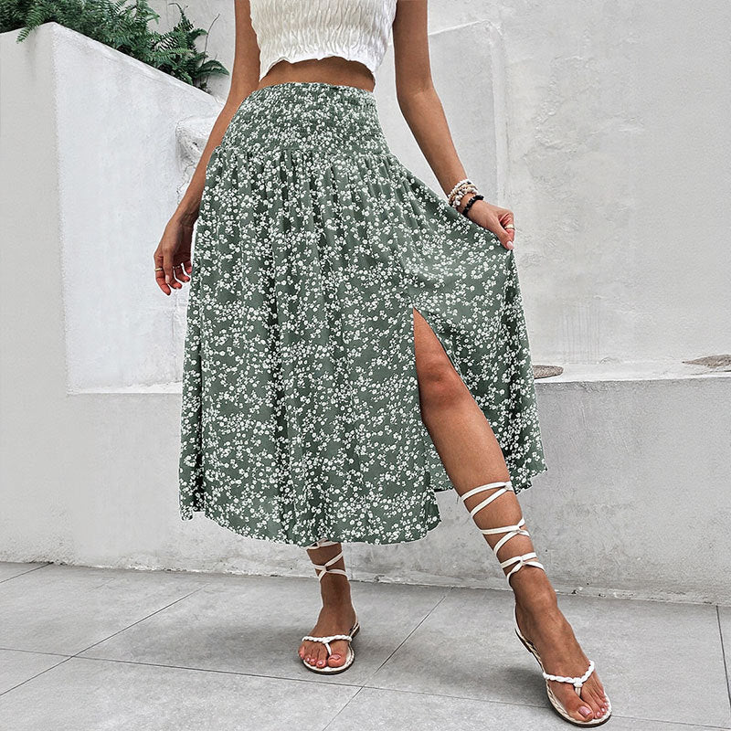 Women's Floral Summer Mid-length Holiday Print Split Skirt
