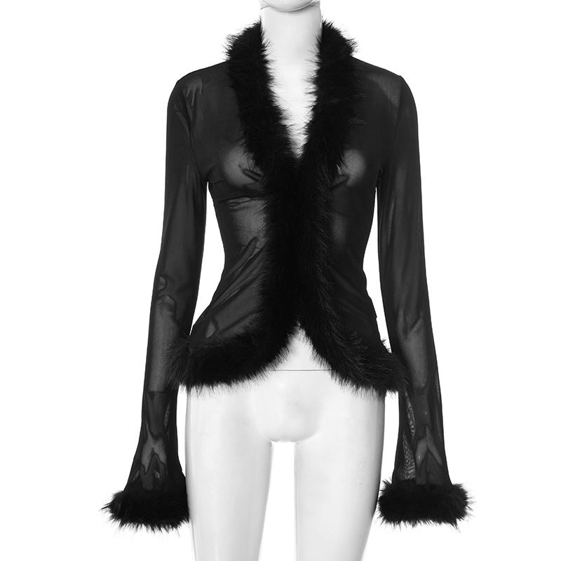 Women's Autumn Pure Color Mesh Frayed Sexy Long-sleeved Outerwear Tops