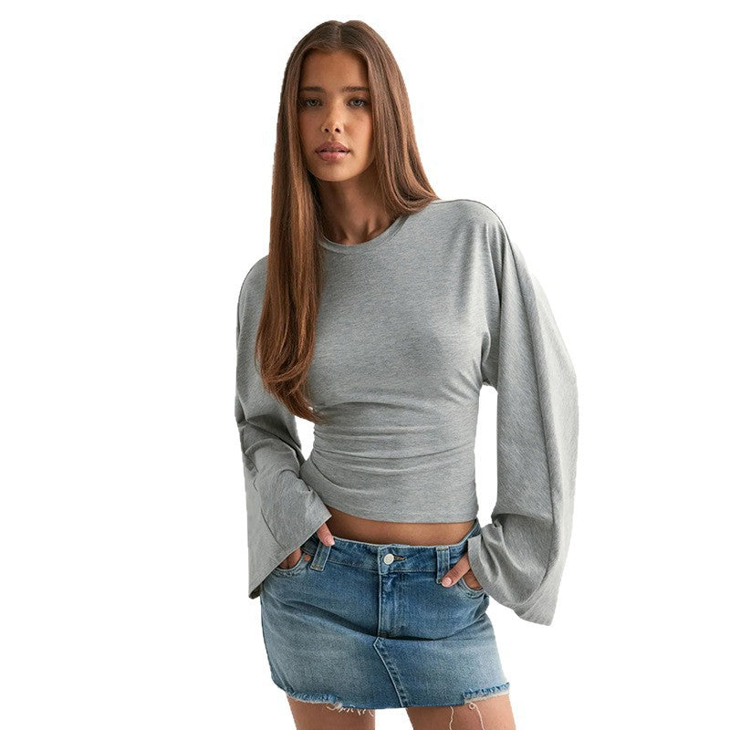 Women's Color Round Neck Shoulder Across Sleeve Sexy Women's T-shirt