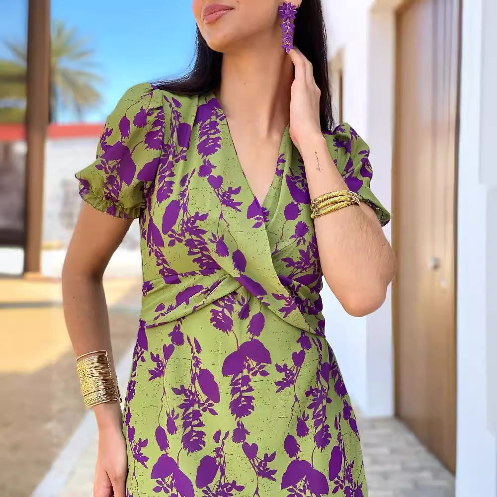 Women's Summer Fashion Pleated Print Long Elegant Slim Dress
