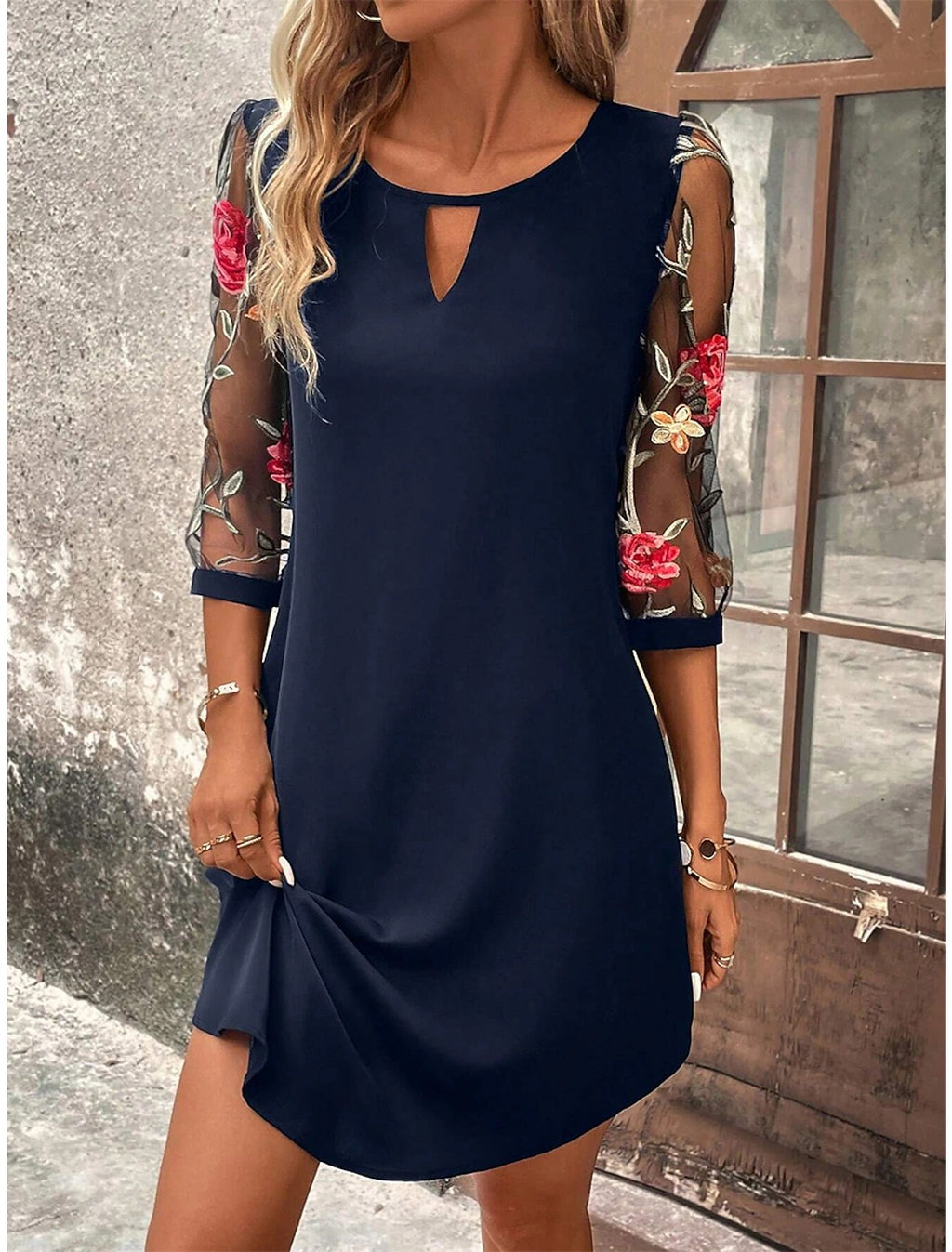 Women's Summer Round Neck Lace Three-quarter Sleeve Dress