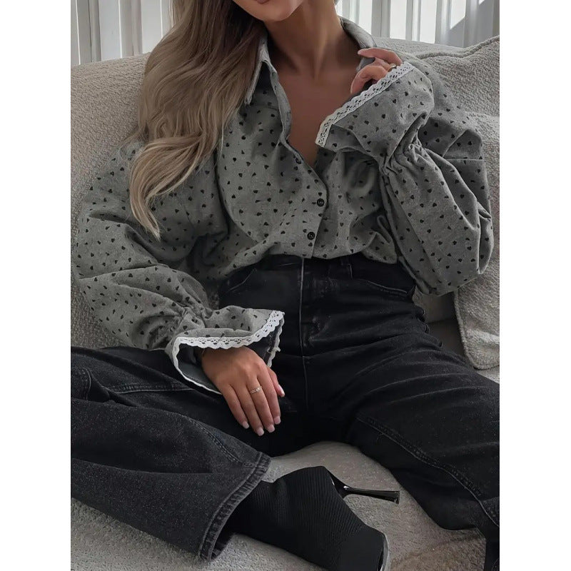 Women's Trend Heart Printing Shirt Single-breasted Elegant Cuff Stitching Lace Blouse