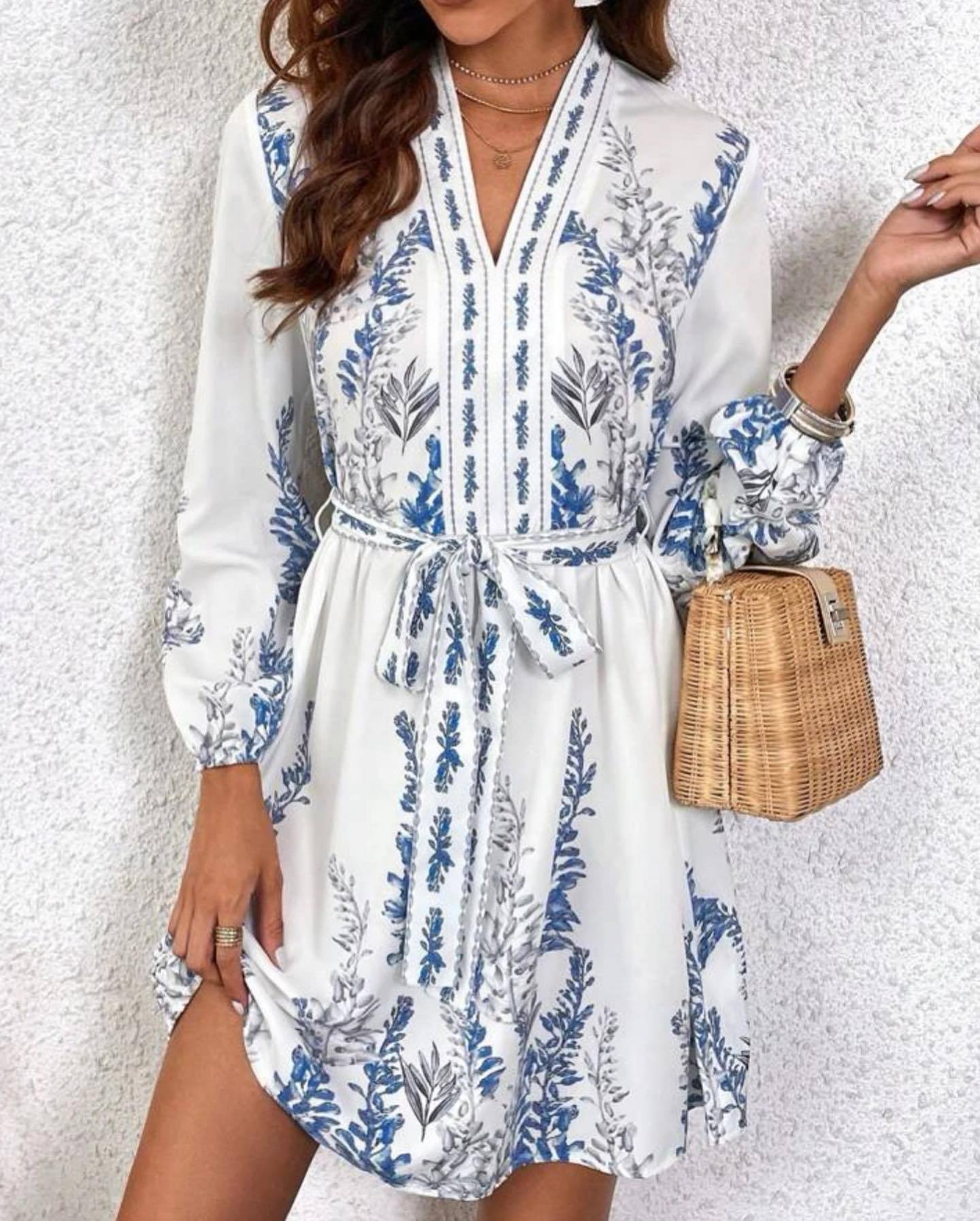 Women's Spring Fashion Long Sleeve Bohemian Print Dress