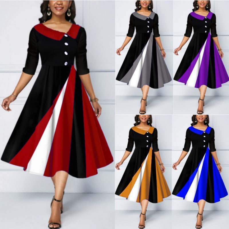 Women's Fastener Decoration Printed Large Swing Sleeve Dress