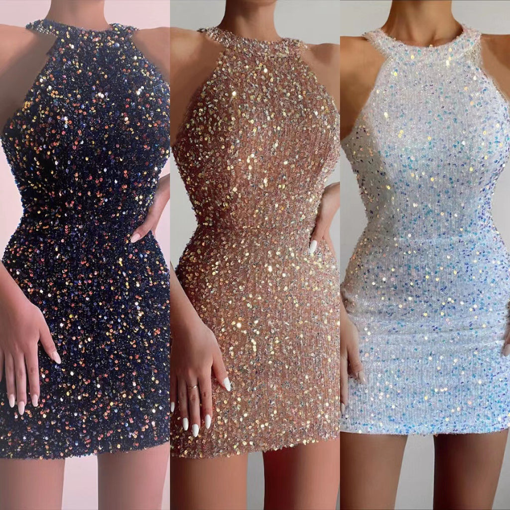 Halter Sexy Crystal Fringed Sheath Sequins Mid Waist Dress