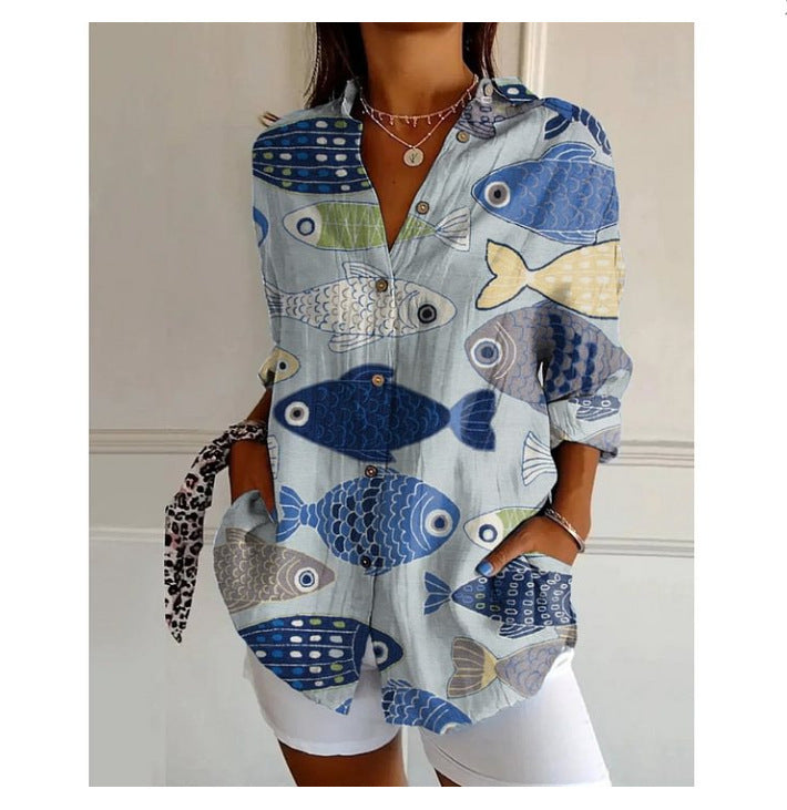 Women's Digital Printing Abstract Pattern Long Sleeve Buckle Blouse