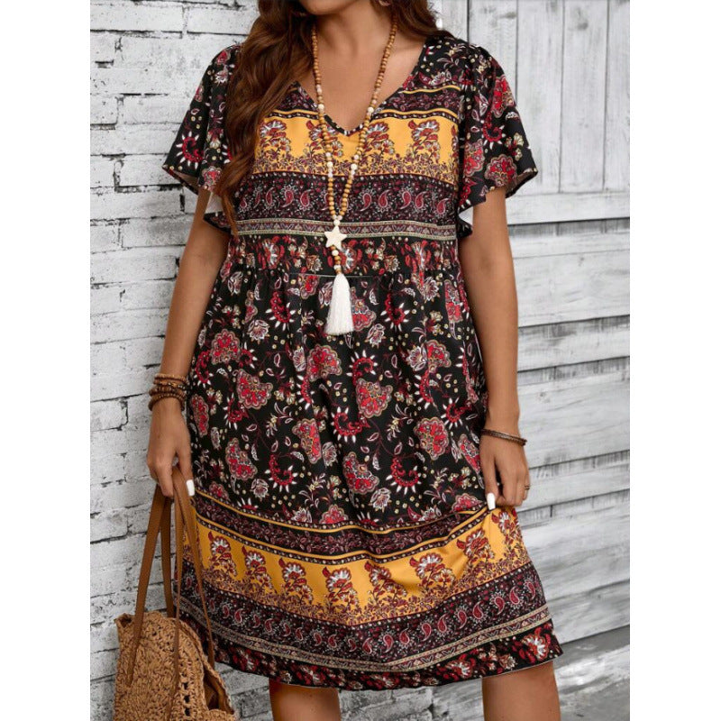Floral Print Sleeve Pullover Crew Neck Casual Dress