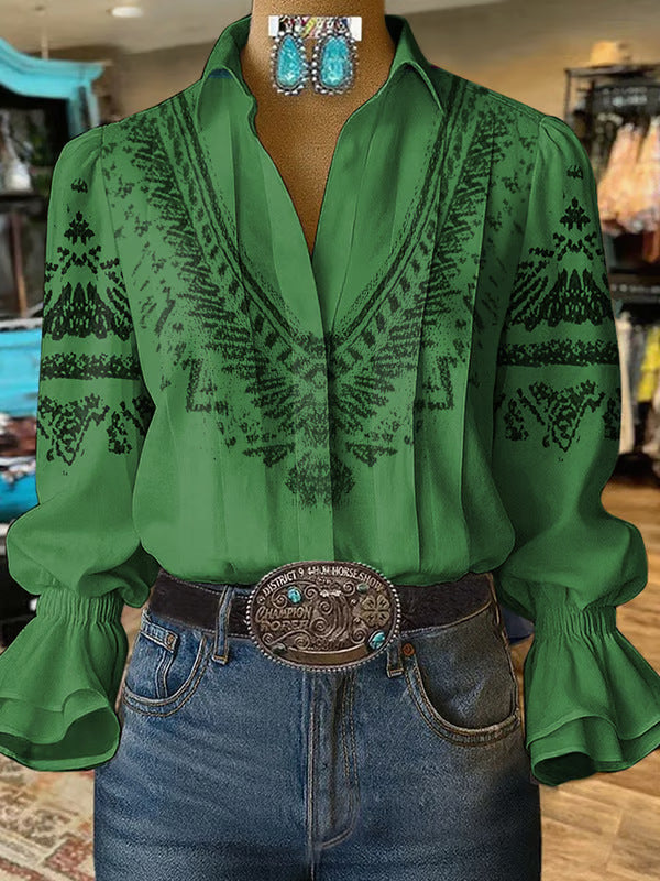 Women's Digital Printing Bohemian Trendy Bell Sleeve Blouse