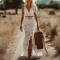 Women's Summer Retro Bohemian White Lace Sleeveless Dress