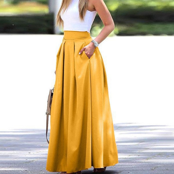 Women's Solid Fashion High Waist Pleated Maxi Skirt