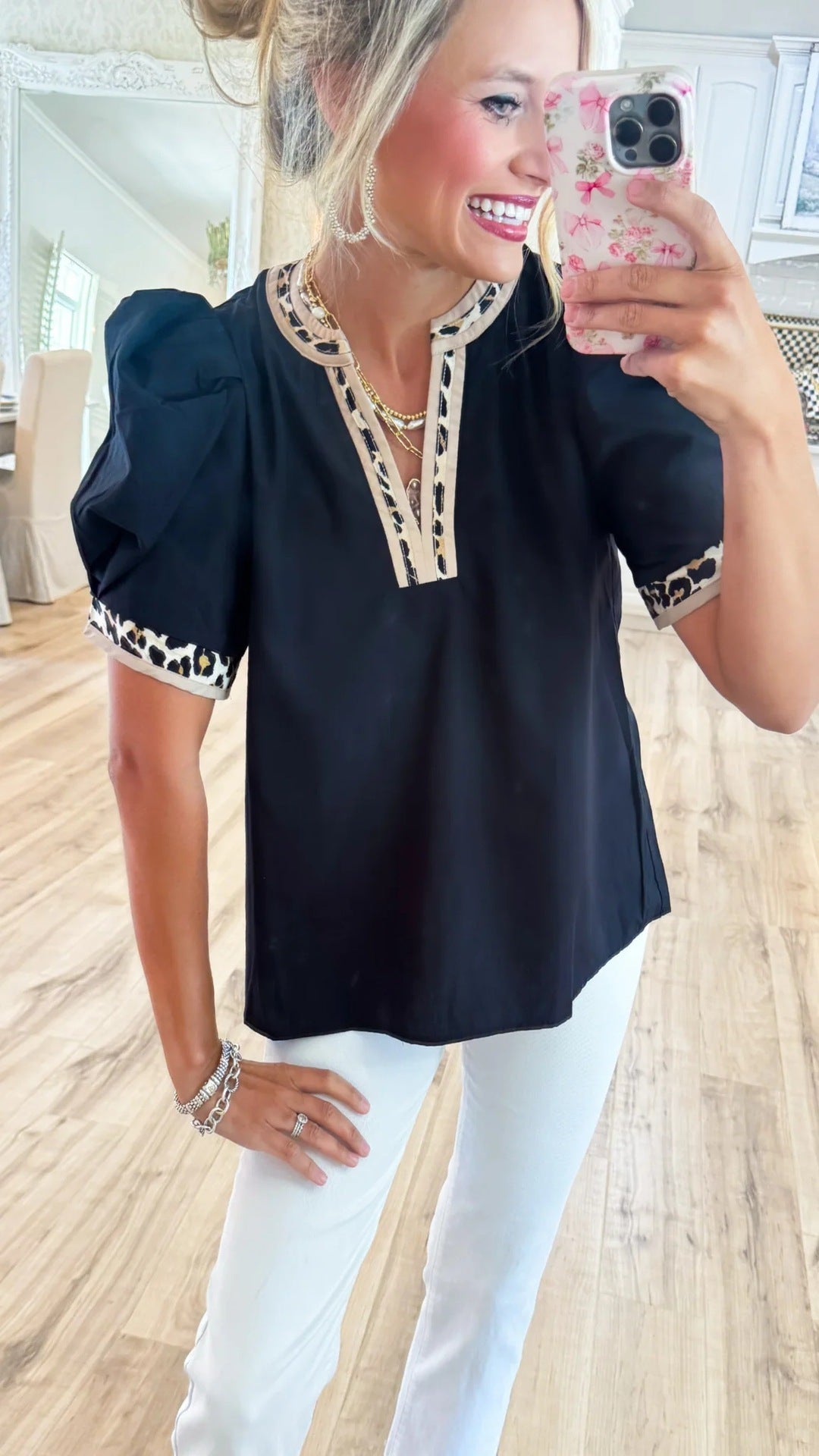 Pullover Leopard Print Contrast Color Puff Sleeve Fashionable Elegant Blouse