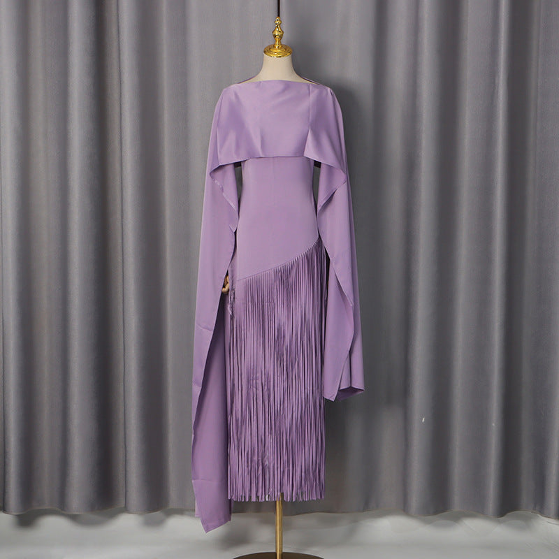 Women's Fashion Solid Color Shawl Design Sense Tassel Dress