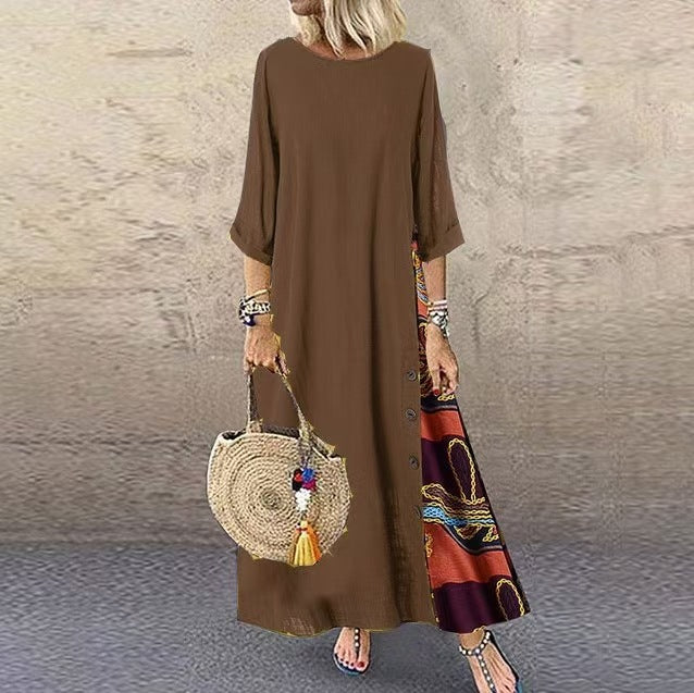 Floral Round Neck Contrast Color Button Dress