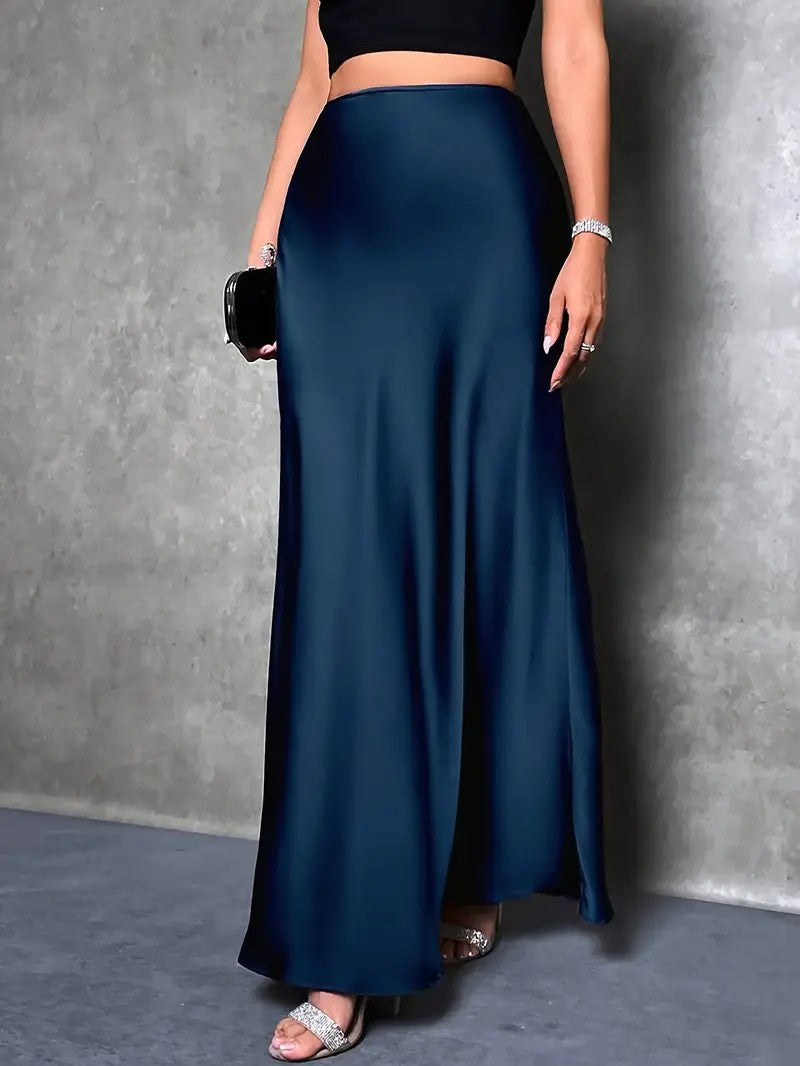 Women's High Waist Ladies Solid Color Maxi Satin Skirt