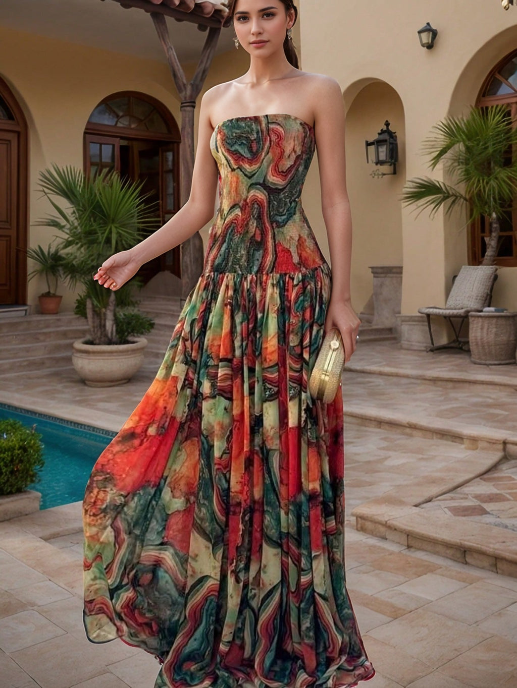 Printed Smocking Wrapped Chest Slim Formal Swing Dress