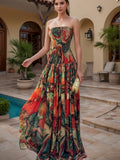 Printed Smocking Wrapped Chest Slim Formal Swing Dress