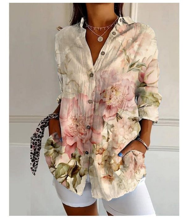 Women's Digital Printing Abstract Pattern Long Sleeve Buckle Blouse