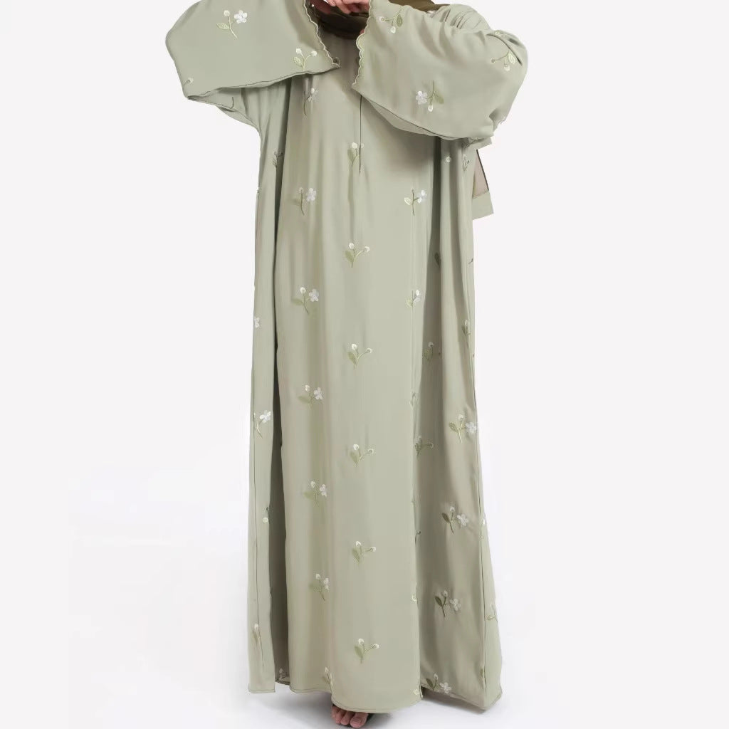 Robe Pullover Flower Print Cuff Embroidered Dress