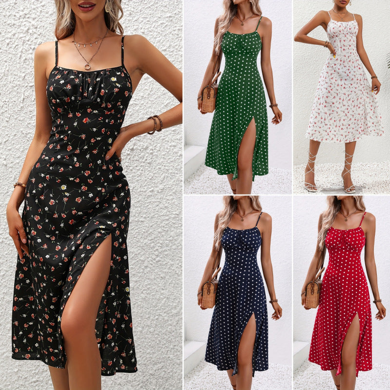 Women's Fashionable Summer Sexy Sling Slit Floral Dress