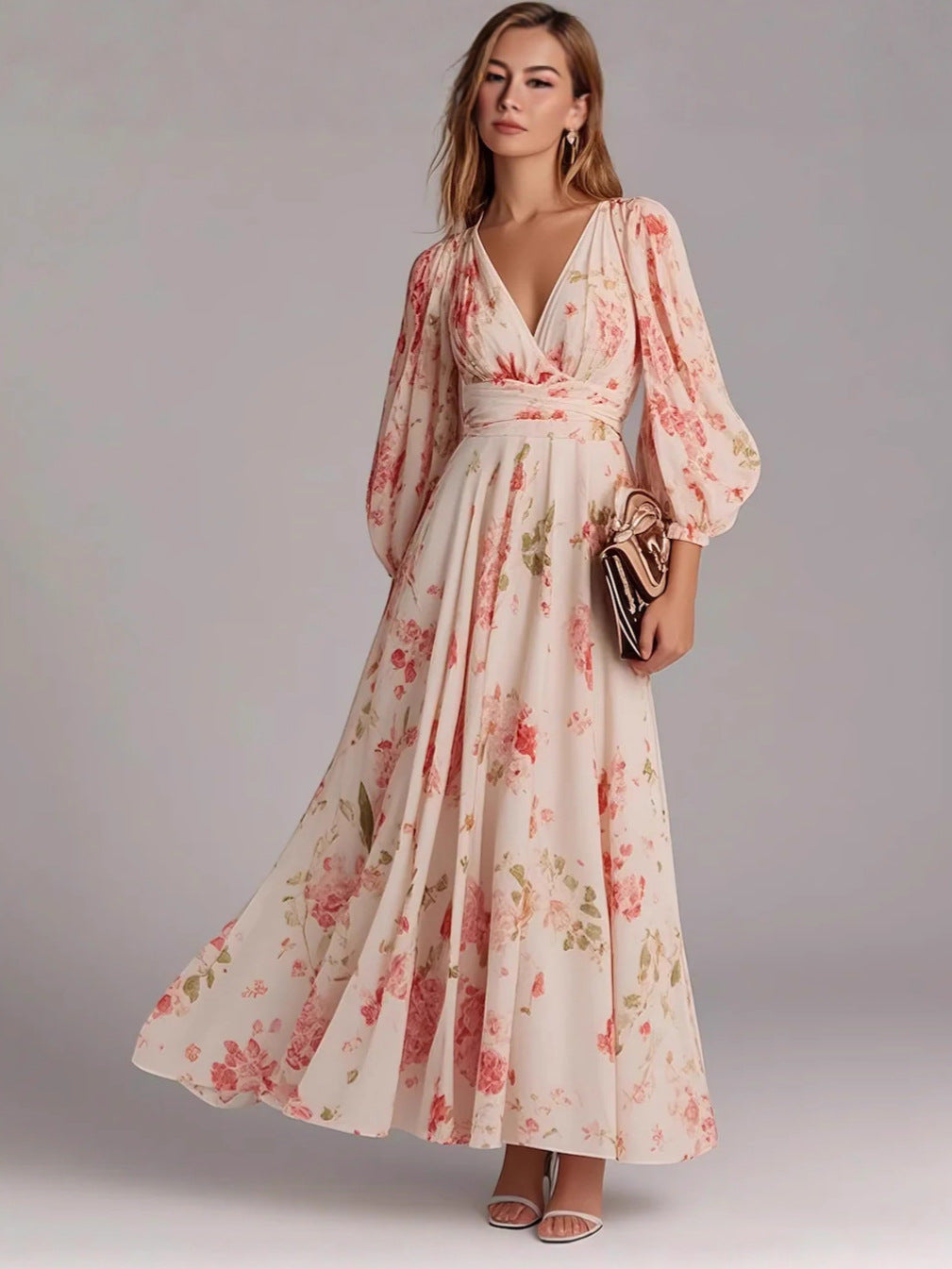 Vacation Style Lantern Sleeve Long French Dress