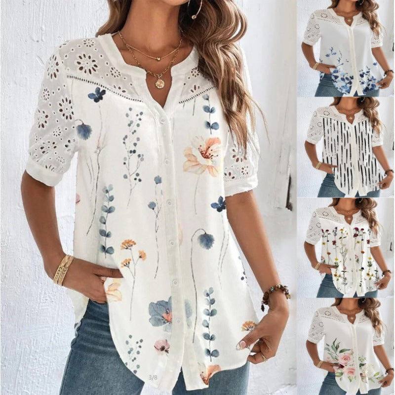 Women's Fashionable Breasted Lapel Short-sleeved Shirt Tops