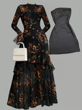 Printed Black Ruffle Sleeve Plant Flower Print Niche Female Dress