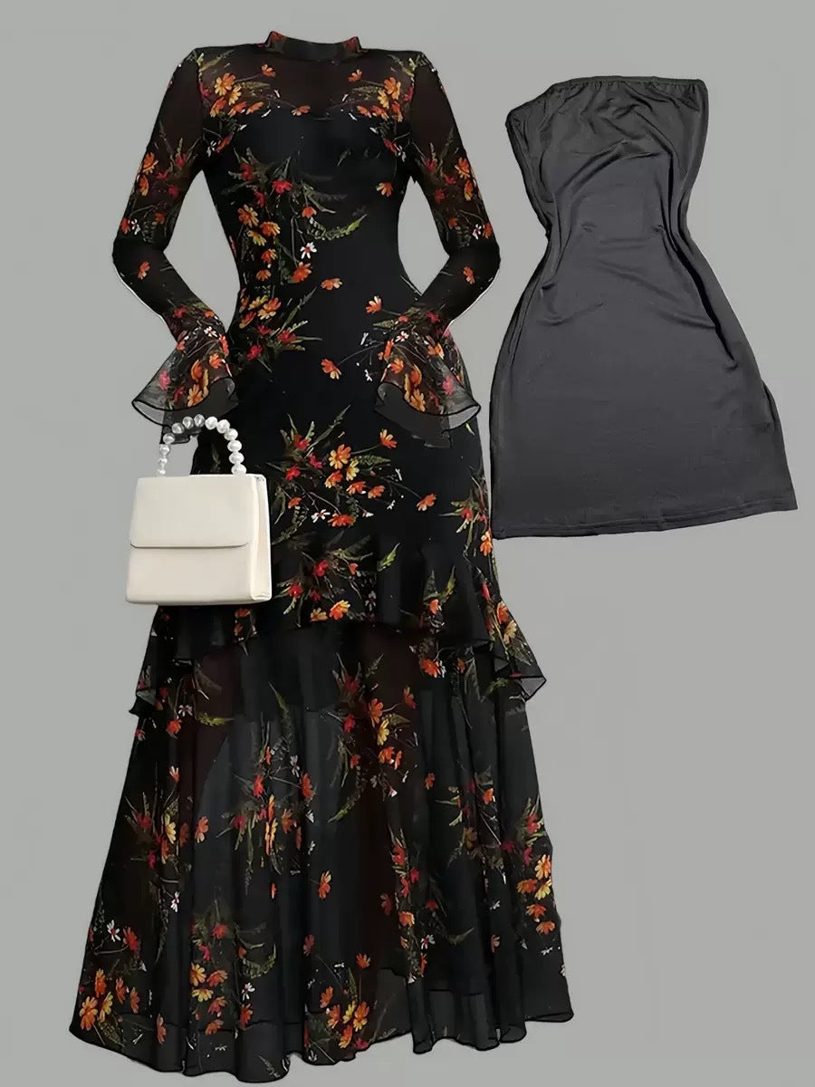 Printed Black Ruffle Sleeve Plant Flower Print Niche Female Dress