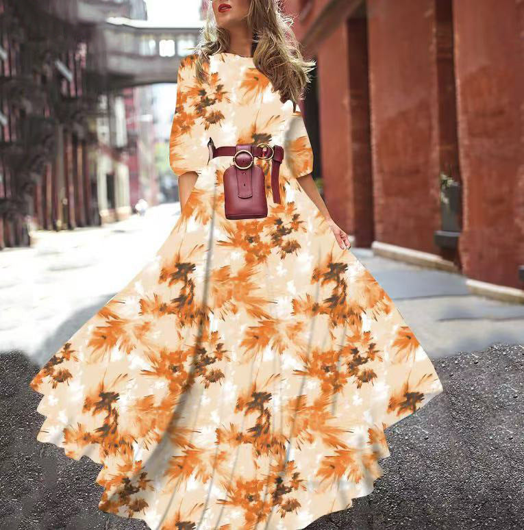 Printed Large Swing Elegant Chiffon Floral Dress