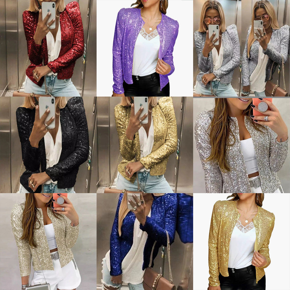 Women's Spring Fashion Stand Collar Color Matching Sequins Casual Versatile Coats