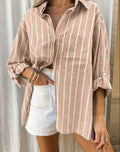 Loose Collar Striped Pocket Cuff Shirt Blouse