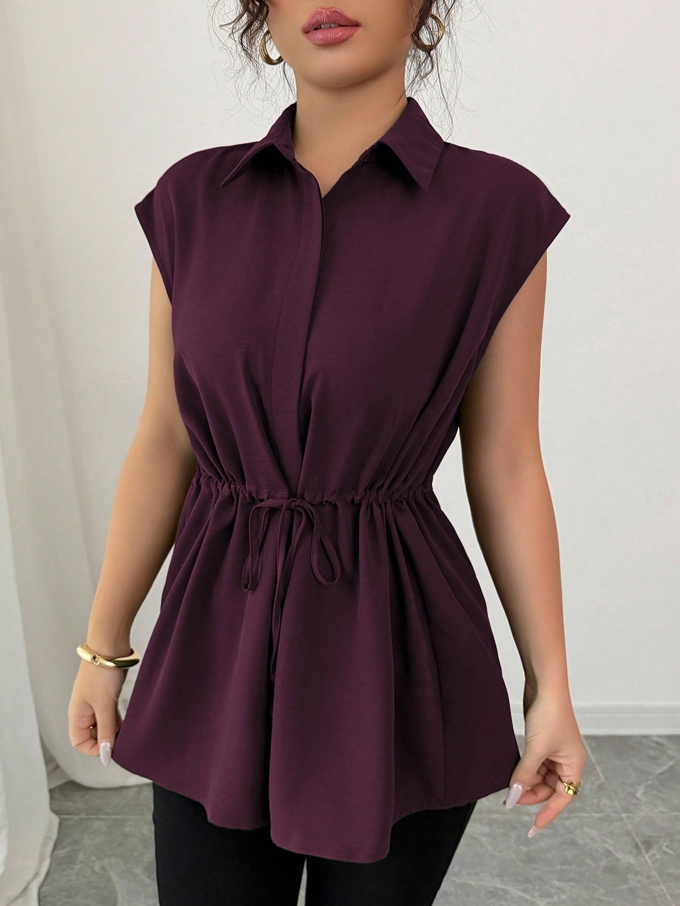 Women's Fashion Loose Waist Single-breasted Solid Color Collar Women's T-shirt