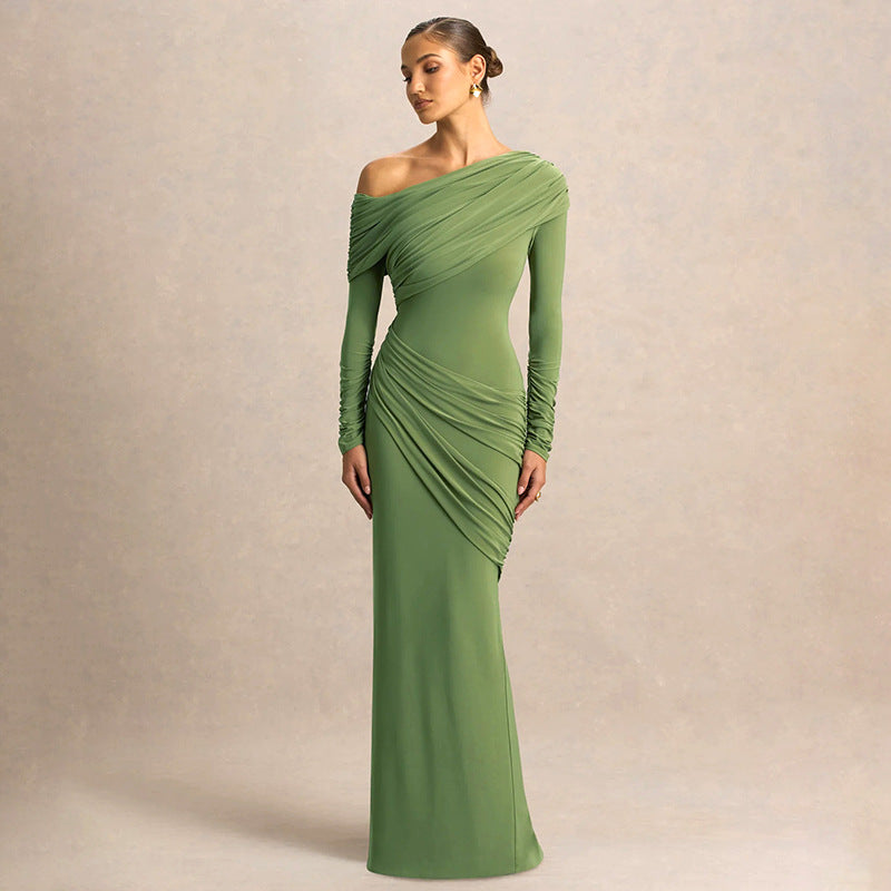 Women's Solid Color Elegant Asymmetric Neckline Pleated Dress