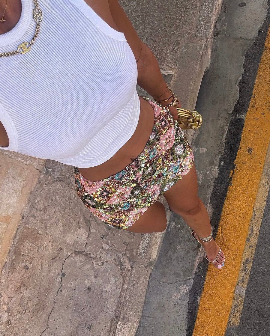 Women's Fashion Geometry Pattern Stitching Sequins Glitter Hot Hip Skirt