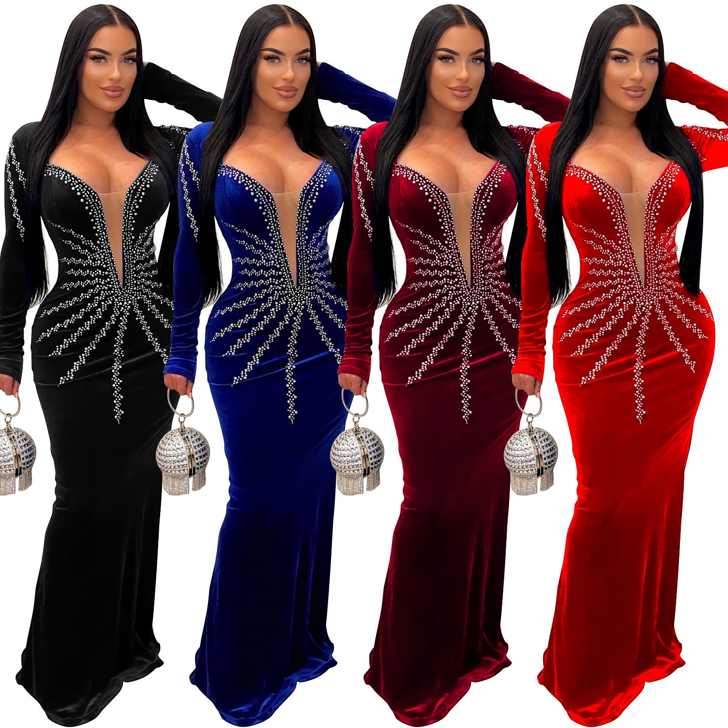 Women's Fashion Wear Solid Color Sexy Rhinestone Long Dress