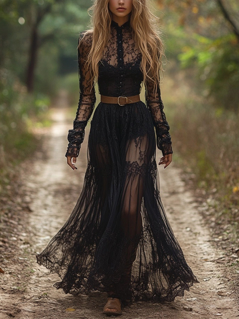 Women's Retro Lace Long-sleeved Pastoral Style Long Dress