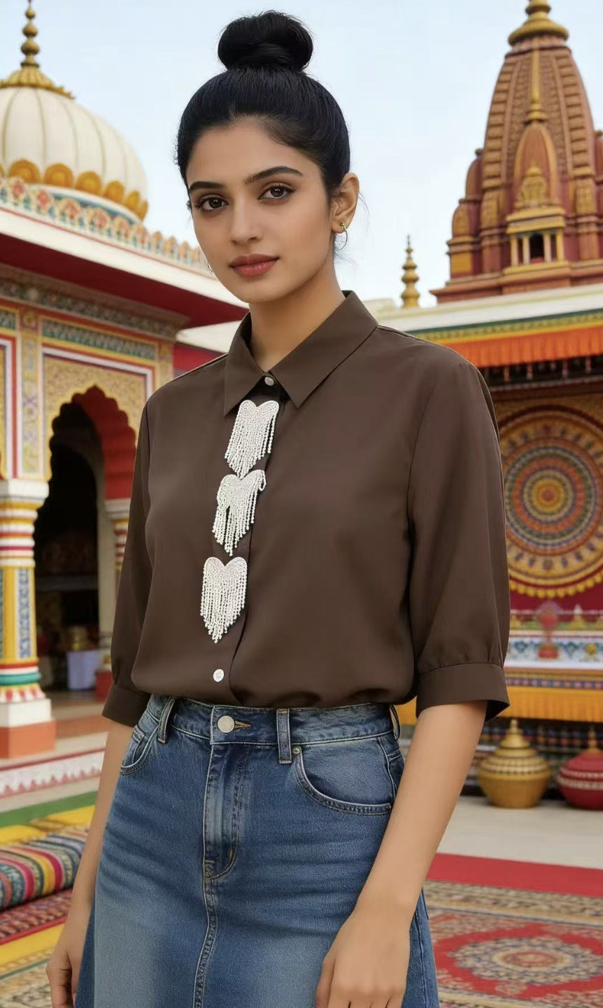 Women's Butterfly Decorative Denim Shirt Summer Design Blouse