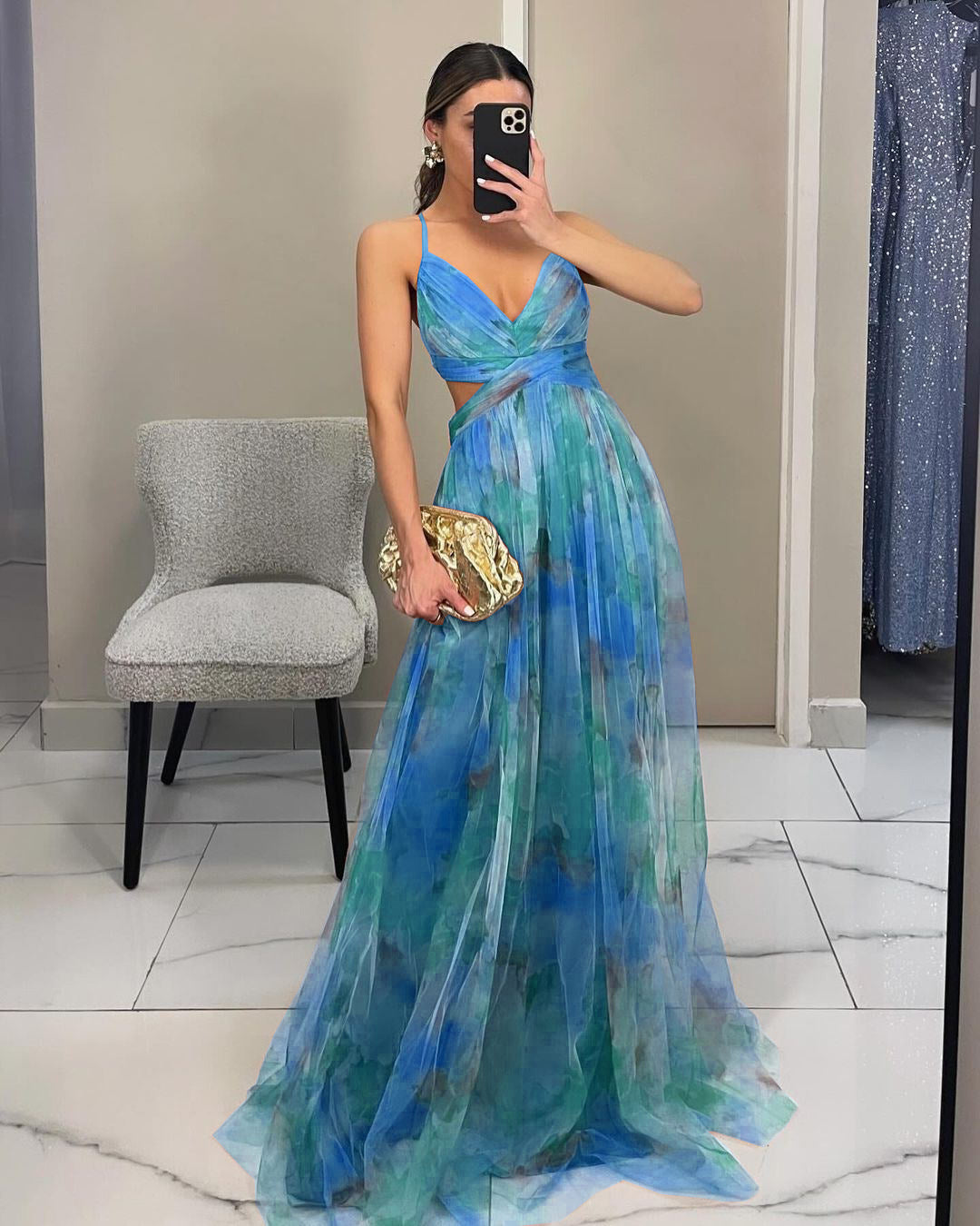 Mesh Printing Slip Vacation Leisure Party Dress