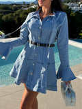 Retro Bow Tied Casual Belt Long Sleeve Denim Dress