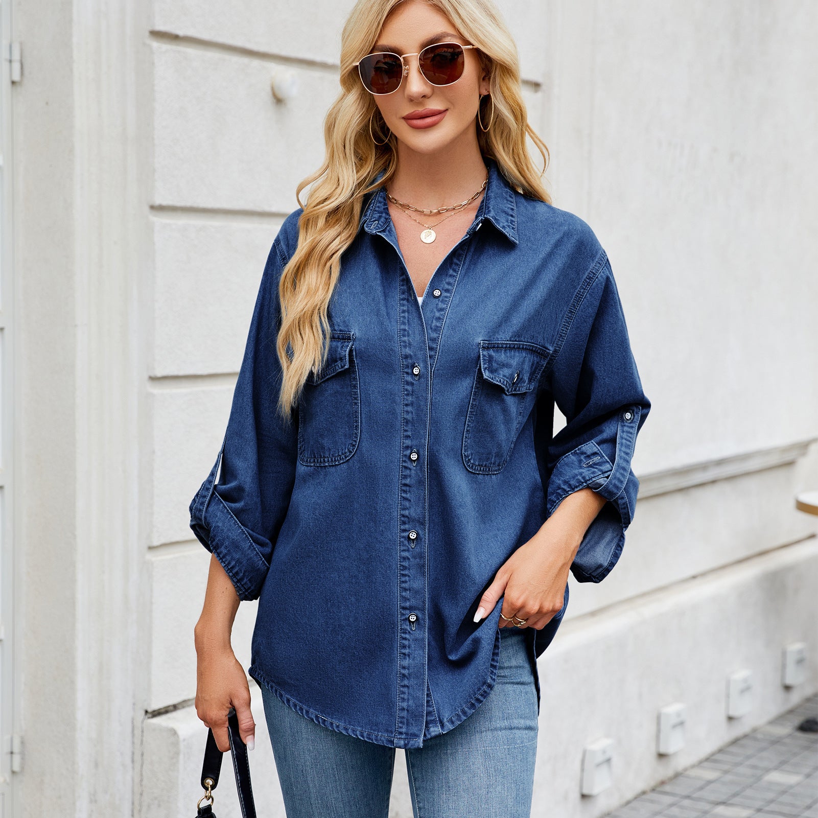 Women's Washed Adjustable Sleeve Denim Shirt Loose Tops