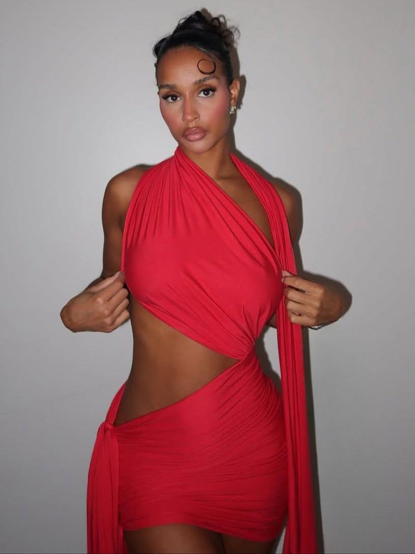 Fashion Solid Color Hollow Out Irregular Sexy Ribbon Design Dress
