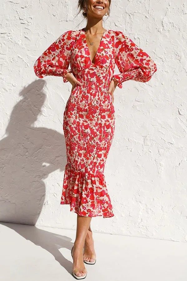 Women's Elegant Elastic Waist Long Sleeve Printed Skirts