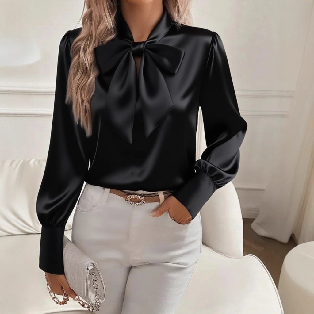 Women's Autumn Long Sleeve Bowknot Satin Shirt Tops