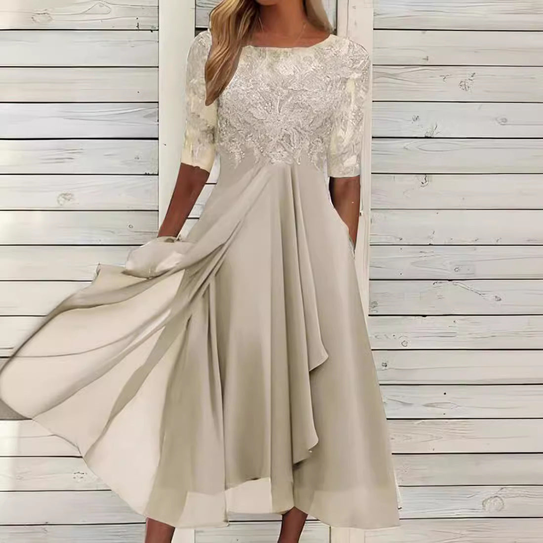 Lace Stitching Bridesmaid High Waist Slimming Dress
