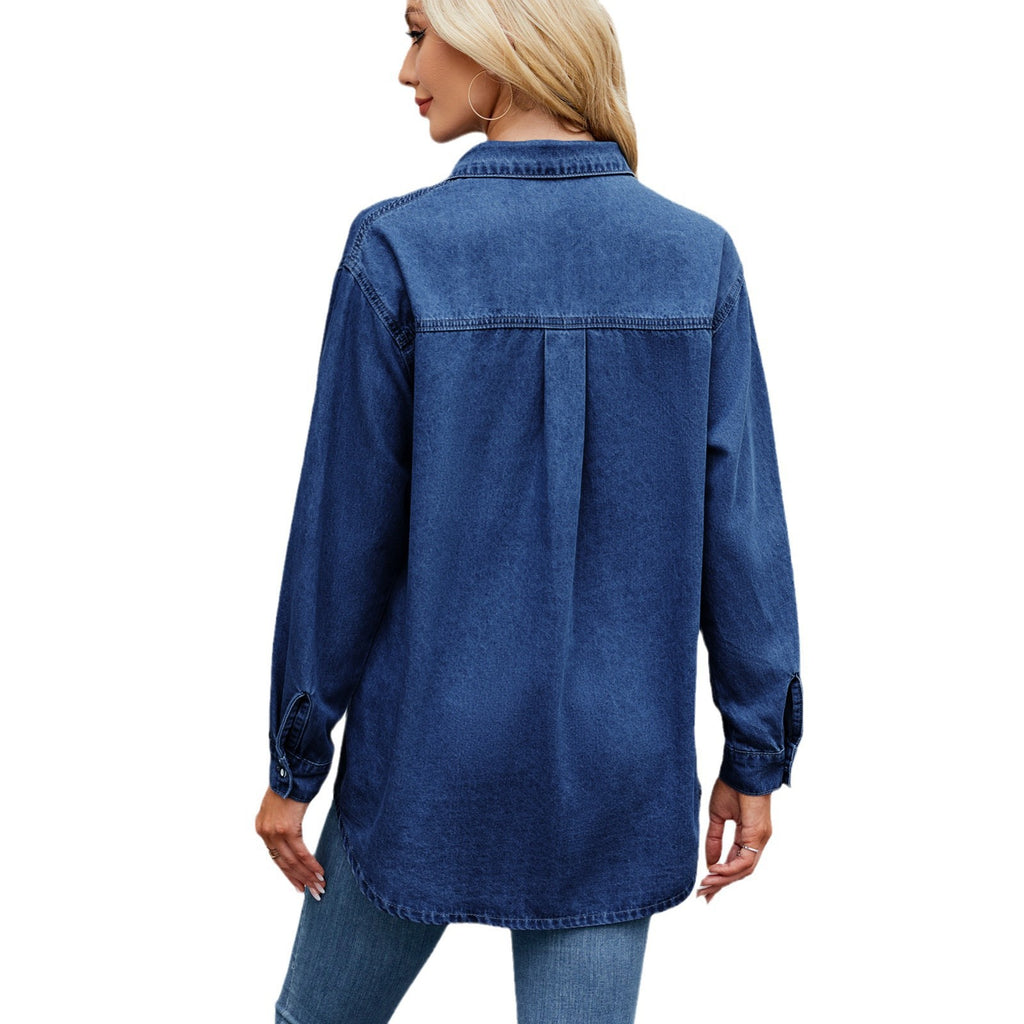 Women's Washed Adjustable Sleeve Denim Shirt Loose Tops