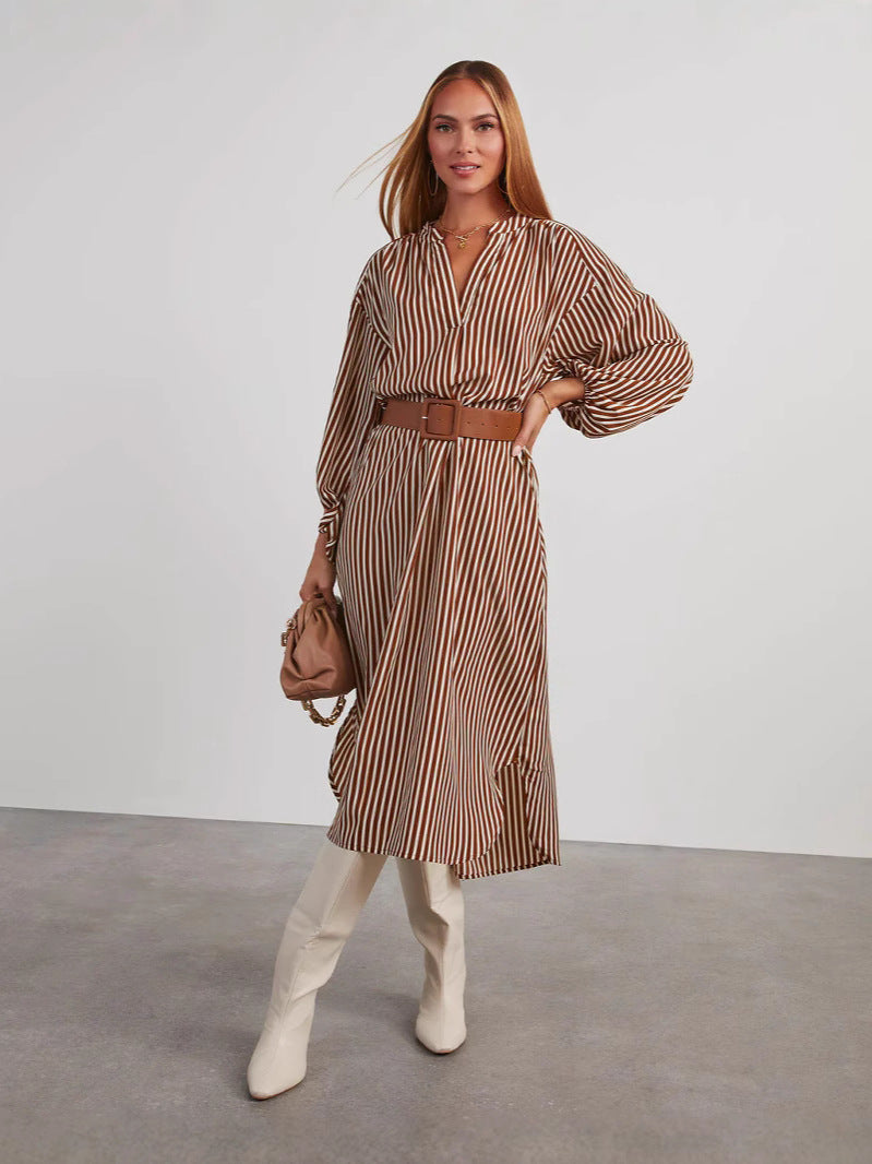Fashion Striped Belt Long Sleeve Mid-length Dress