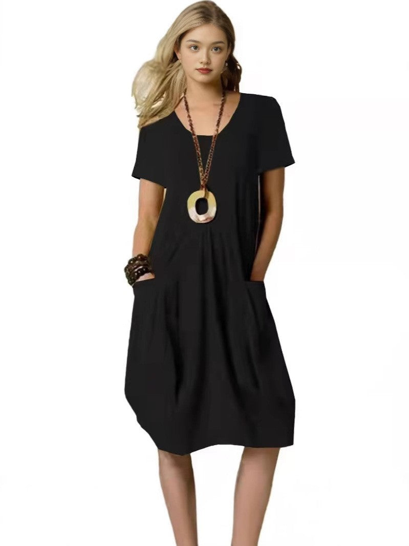 Fashion Solid Color Cotton Linen Patch Dress