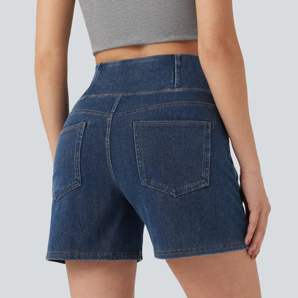 Women's Washed Cross High Waist White Denim Stretch Casual Riding Shorts