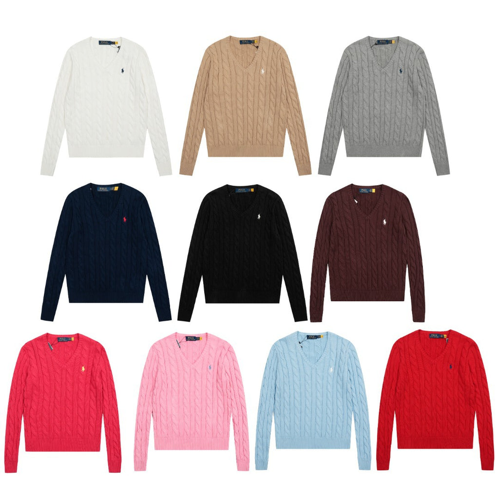 Women's Sleeve Horse Logo Embroidered Twist Long Solid Color Sweaters